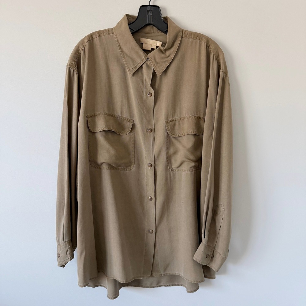Studio 121 Vintage 100% Silk Button Down Shirt Khaki Tan Long Sleeve Classic XL